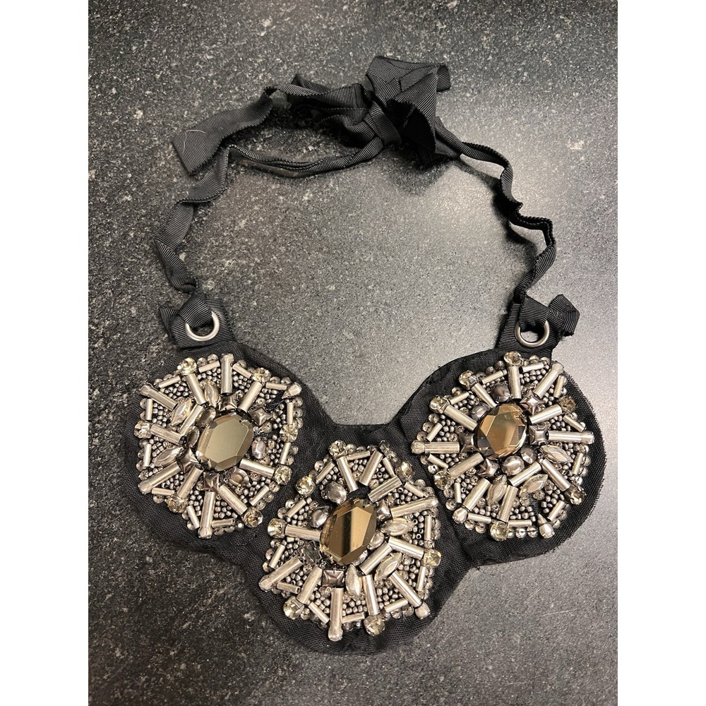 3.1 Phillip Lim Black Floral Crystal & Silk‎ Collar Necklace
